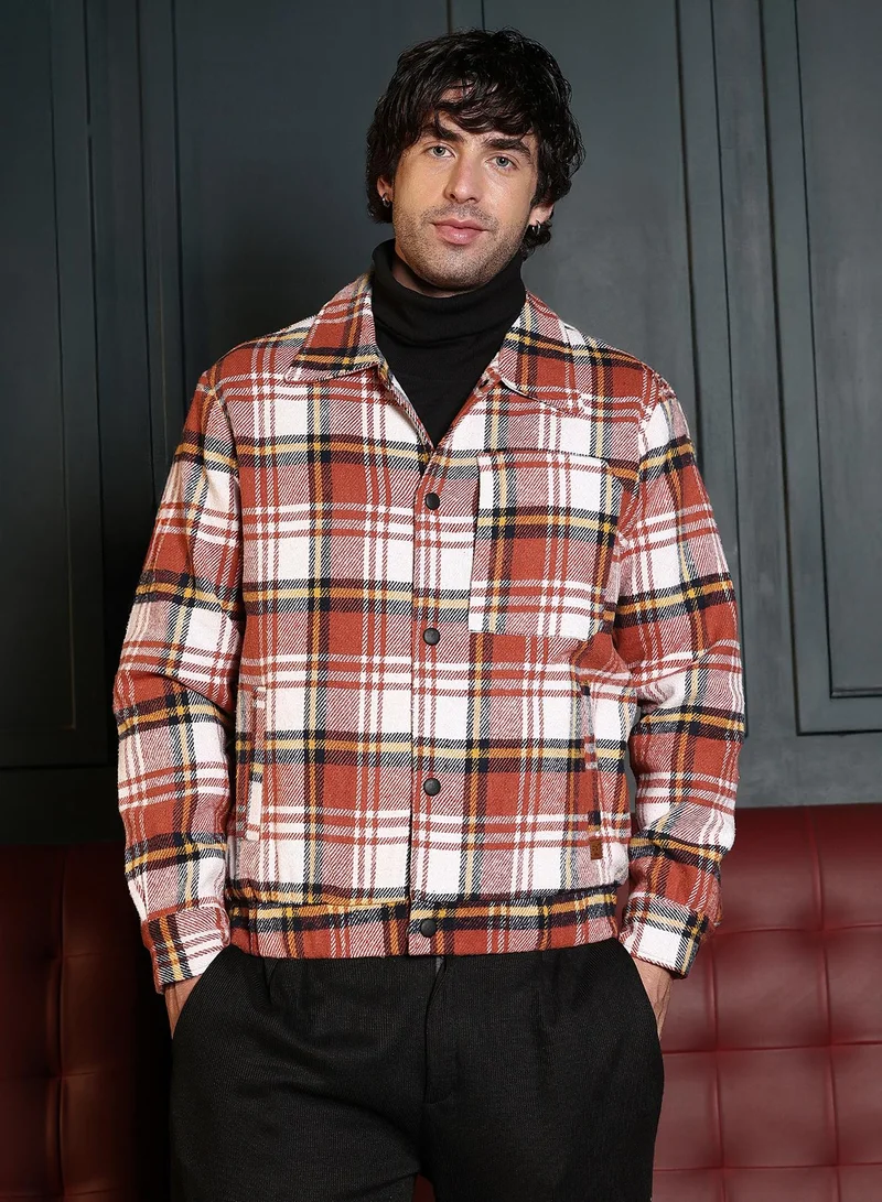 Campus Sutra Men Twill-Plaid Utility Bomber Jacket | Point Collar, Long Button-Cuff Sleeves | Snap Button , Stretch-Straight Hem | Plaid Twill | Woven Fabric For Casual & Daily Wear | Rust Orange