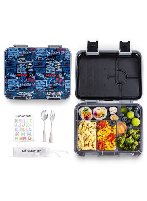 Eazy Kids 6 & 4 Convertible Bento Lunch Box w/ Steel Spoon & Fork Set and Alphabets Sticker - Car Racing Blue