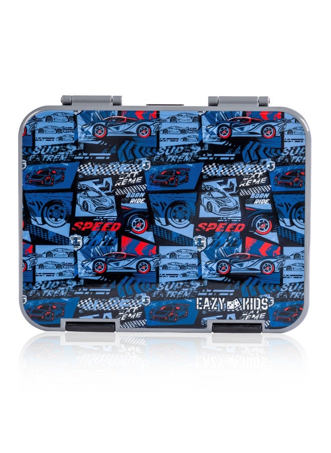 Eazy Kids Eazy Kids 6 & 4 Convertible Bento Lunch Box w/ Steel Spoon & Fork Set and Alphabets Sticker - Car Racing Blue  - Image 4