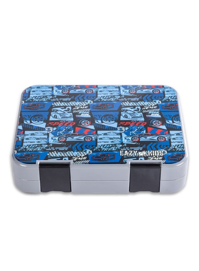 Eazy Kids 6 & 4 Convertible Bento Lunch Box w/ Steel Spoon & Fork Set and Alphabets Sticker - Car Racing Blue