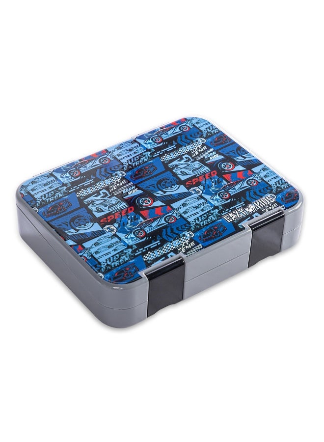 Eazy Kids 6 & 4 Convertible Bento Lunch Box w/ Steel Spoon & Fork Set and Alphabets Sticker - Car Racing Blue