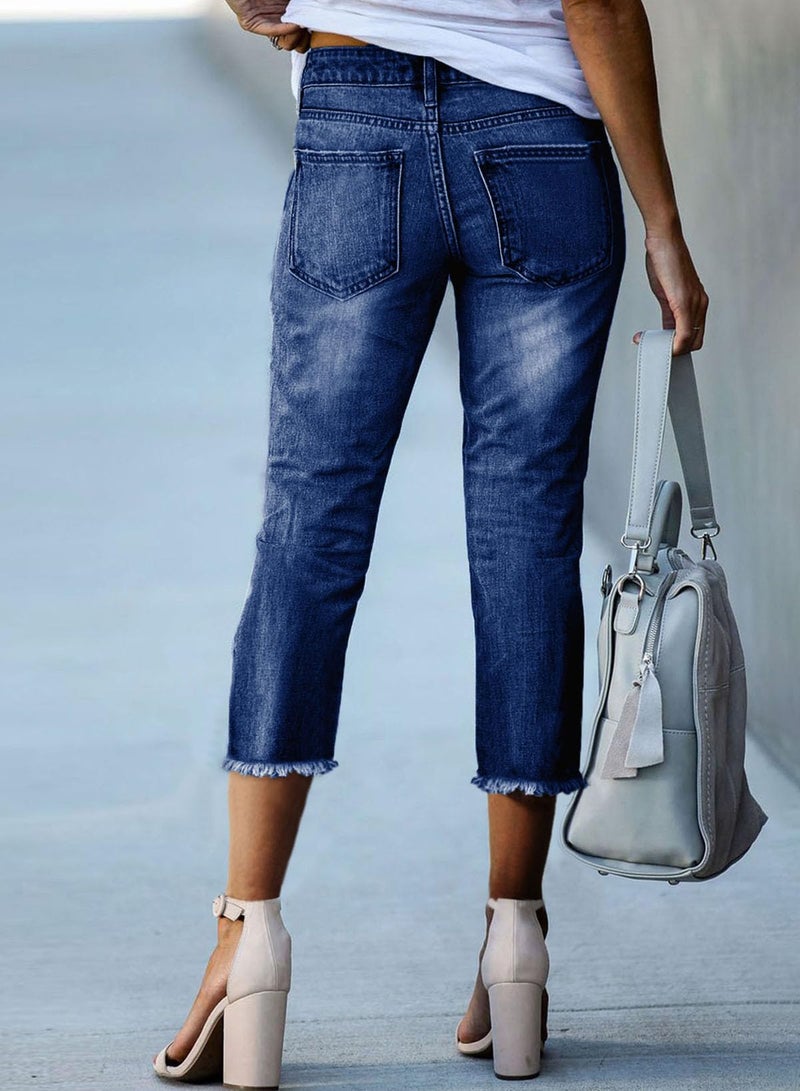 Sidefeel Women's Jeans Capri Pants Trendy 2025 High Waisted Stretchy Straight Leg Raw Hem Capri Jeans Blue Size 6 - Image 2