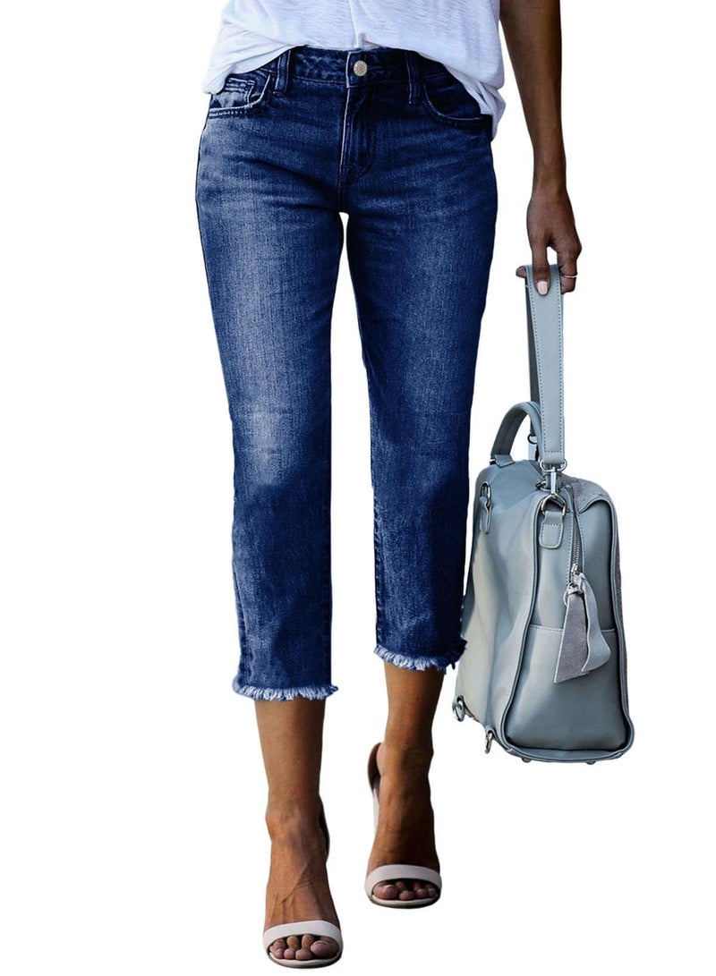 Sidefeel Women's Jeans Capri Pants Trendy 2025 High Waisted Stretchy Straight Leg Raw Hem Capri Jeans Blue Size 6 - Image 1