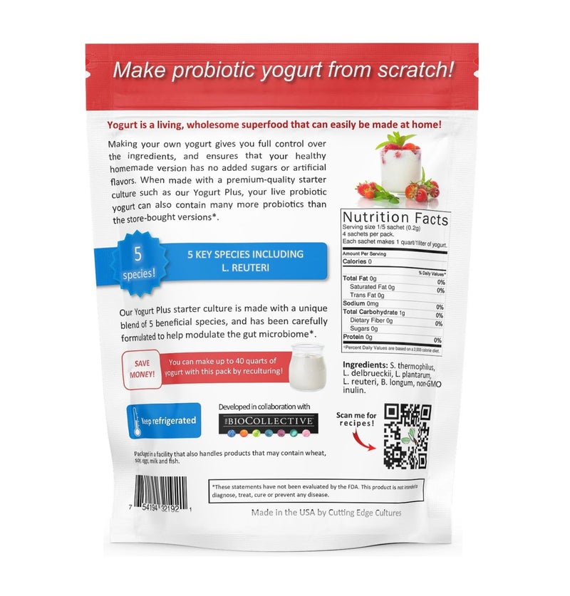 Cutting Edge Cultures Yogurt Plus Probiotic L. Reuteri B. Longum L Plantarum Starter 4 Grams 4 Packets - Image 2