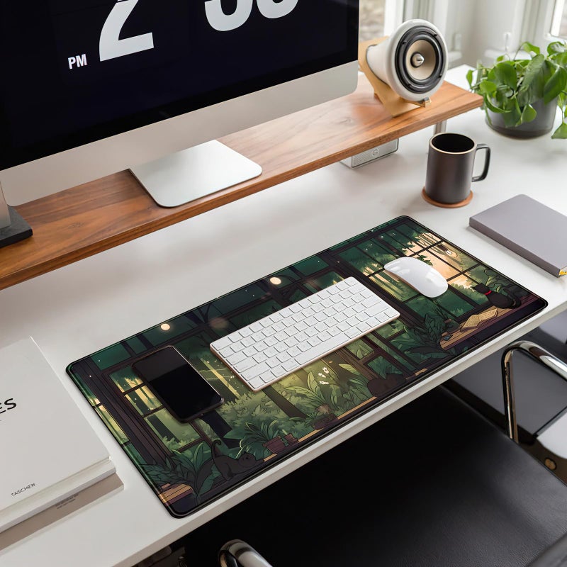 Mechanical Cattle Cute Lofi Desk Mat Green Plants Mouse Pad Large Black Cat Aesthetic Desk Pad Kawaii Anime Extended Gaming Mousepad XL Laptop Keyboard Mouse Mat Deskmat 31.5"x11.8" Cute Office Decor - Image 5