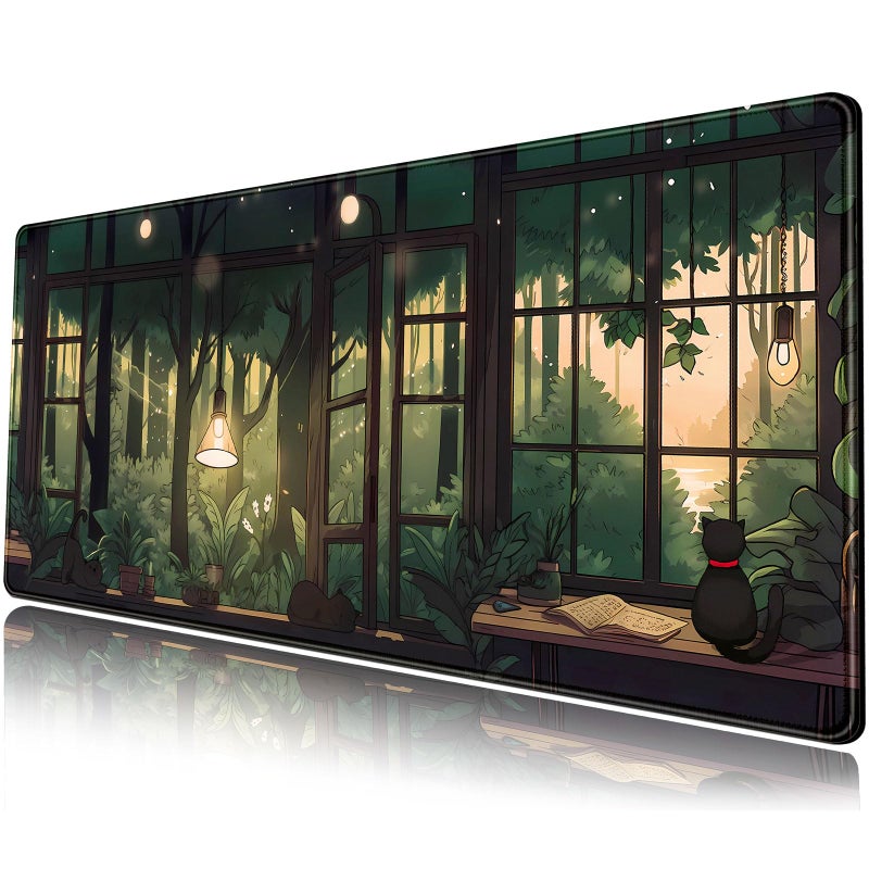 Mechanical Cattle Cute Lofi Desk Mat Green Plants Mouse Pad Large Black Cat Aesthetic Desk Pad Kawaii Anime Extended Gaming Mousepad XL Laptop Keyboard Mouse Mat Deskmat 31.5"x11.8" Cute Office Decor - Image 1