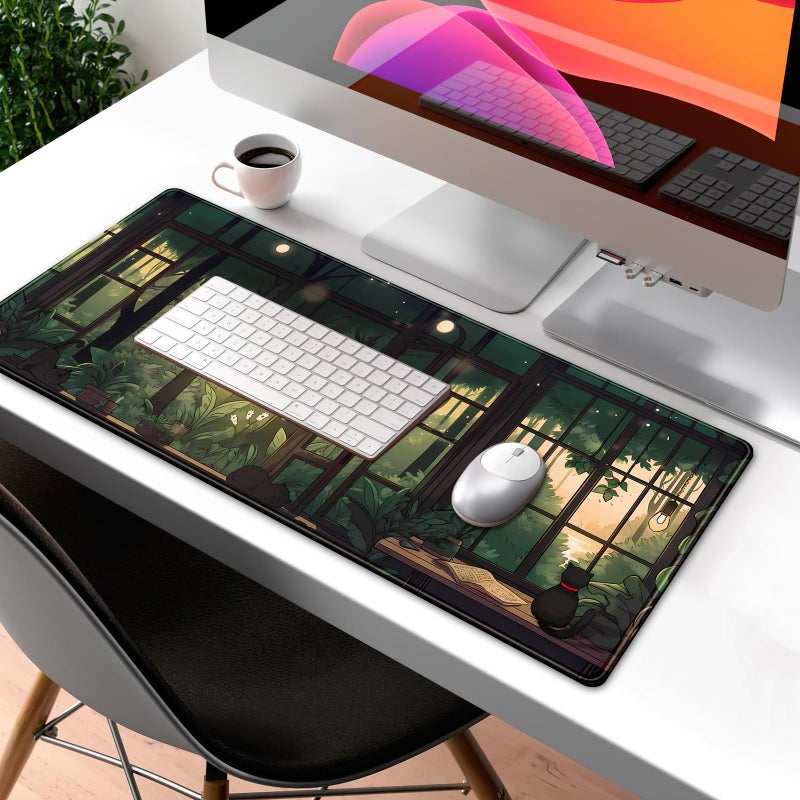 Mechanical Cattle Cute Lofi Desk Mat Green Plants Mouse Pad Large Black Cat Aesthetic Desk Pad Kawaii Anime Extended Gaming Mousepad XL Laptop Keyboard Mouse Mat Deskmat 31.5"x11.8" Cute Office Decor - Image 3