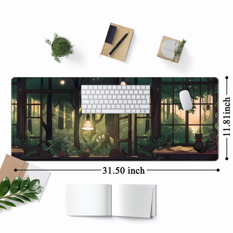 Mechanical Cattle Cute Lofi Desk Mat Green Plants Mouse Pad Large Black Cat Aesthetic Desk Pad Kawaii Anime Extended Gaming Mousepad XL Laptop Keyboard Mouse Mat Deskmat 31.5"x11.8" Cute Office Decor - Image 2
