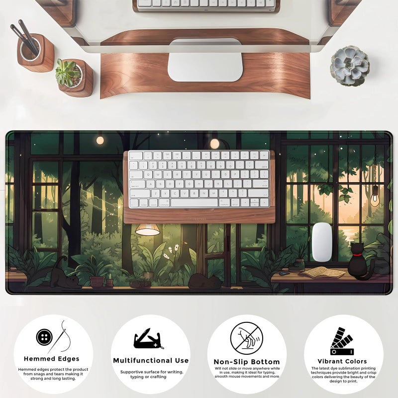Mechanical Cattle Cute Lofi Desk Mat Green Plants Mouse Pad Large Black Cat Aesthetic Desk Pad Kawaii Anime Extended Gaming Mousepad XL Laptop Keyboard Mouse Mat Deskmat 31.5"x11.8" Cute Office Decor - Image 4