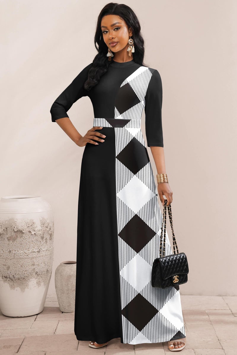 FANDEE Maxi Dresses for Women Semi Formal A-Line 3/4 Sleeve Mock Neck Elegant Dress Colorblock Church Cocktail Dress - Image 5