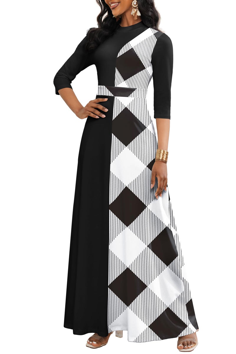 FANDEE Maxi Dresses for Women Semi Formal A-Line 3/4 Sleeve Mock Neck Elegant Dress Colorblock Church Cocktail Dress - Image 1