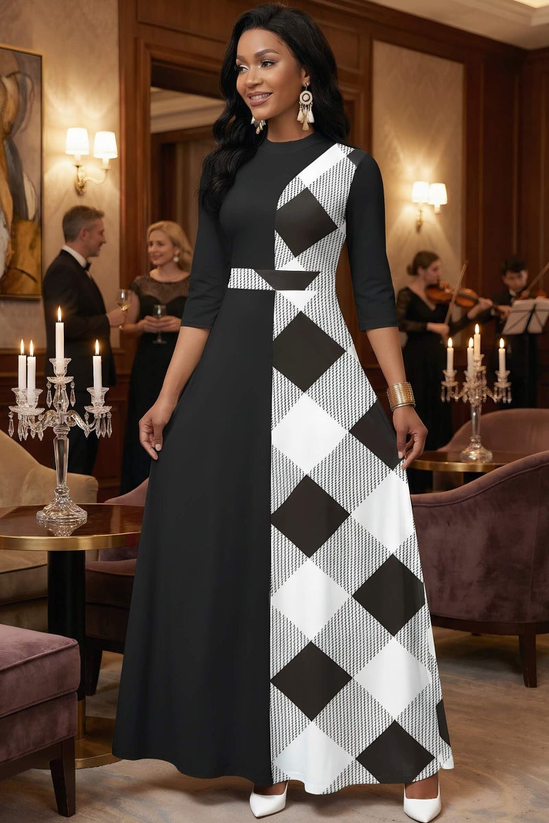 FANDEE Maxi Dresses for Women Semi Formal A-Line 3/4 Sleeve Mock Neck Elegant Dress Colorblock Church Cocktail Dress - Image 2