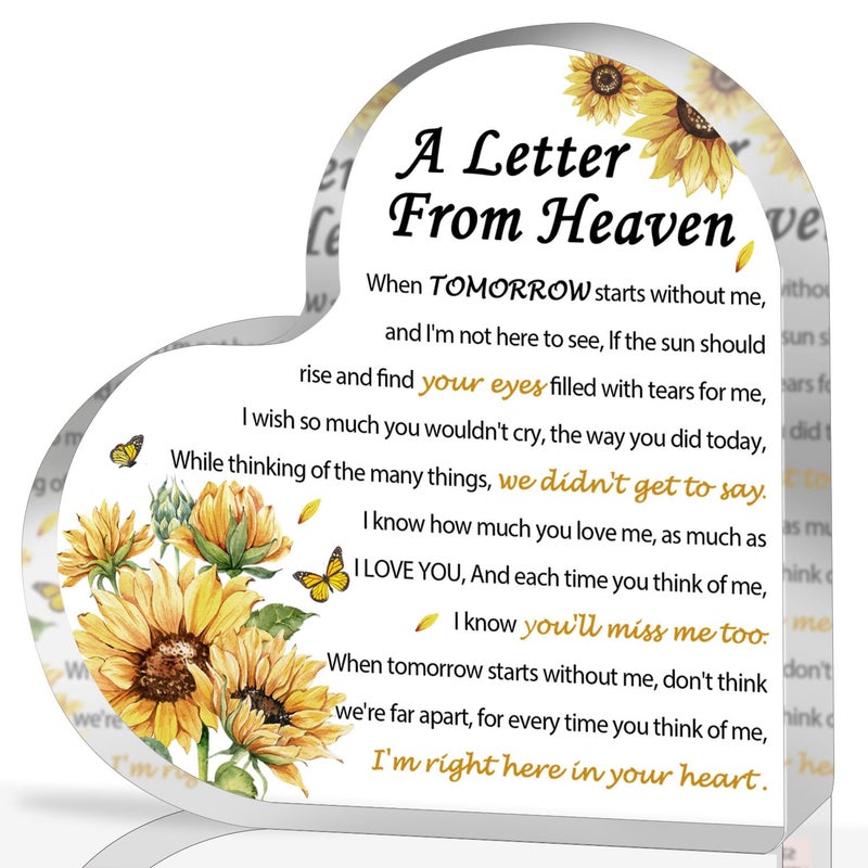 QUPT Sympathy Gifts - A Letter from Heaven- Memorial Gift for Loss of Mother Father Husband Son  Acrylic Heart Keepsake Remembrance Sympathy Gifts (Sunflower) - Image 1