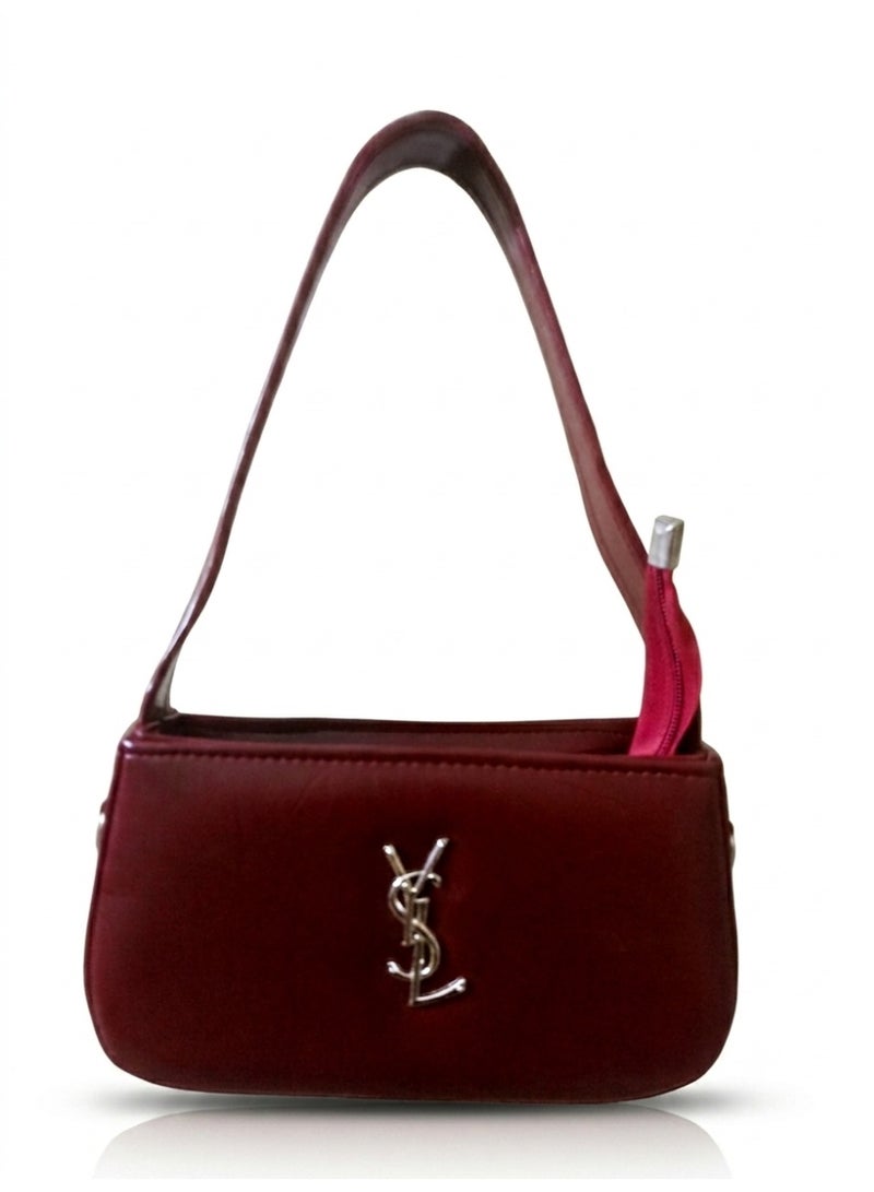 Women's Leather Handbag, White, Small Elegant Shoulder Bag Top Handle (Maroon)