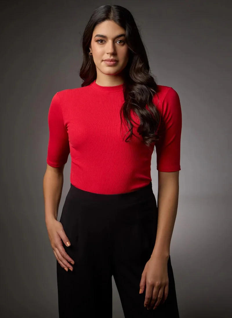 Zigzag Short Sleeve High Neck Rib Top- Red