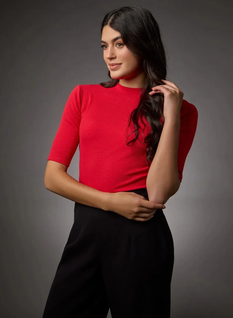 Zigzag Short Sleeve High Neck Rib Top- Red