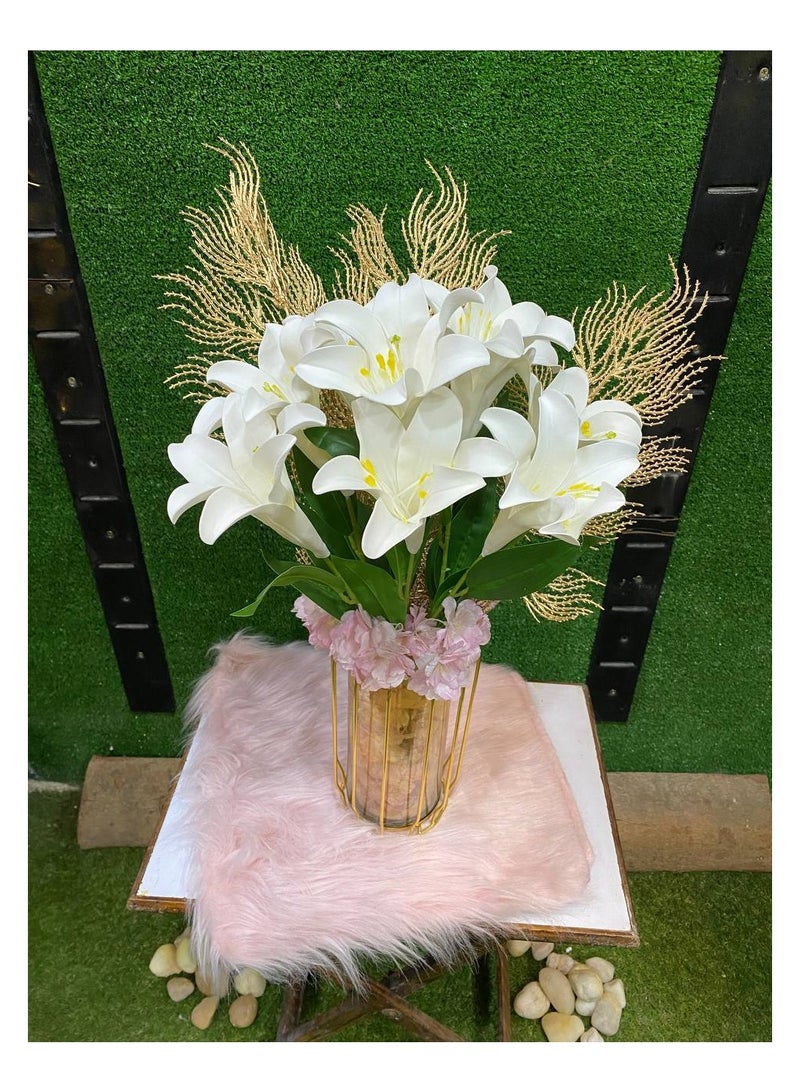 Golden glass vase with artificial flowers for decoration - Image 1