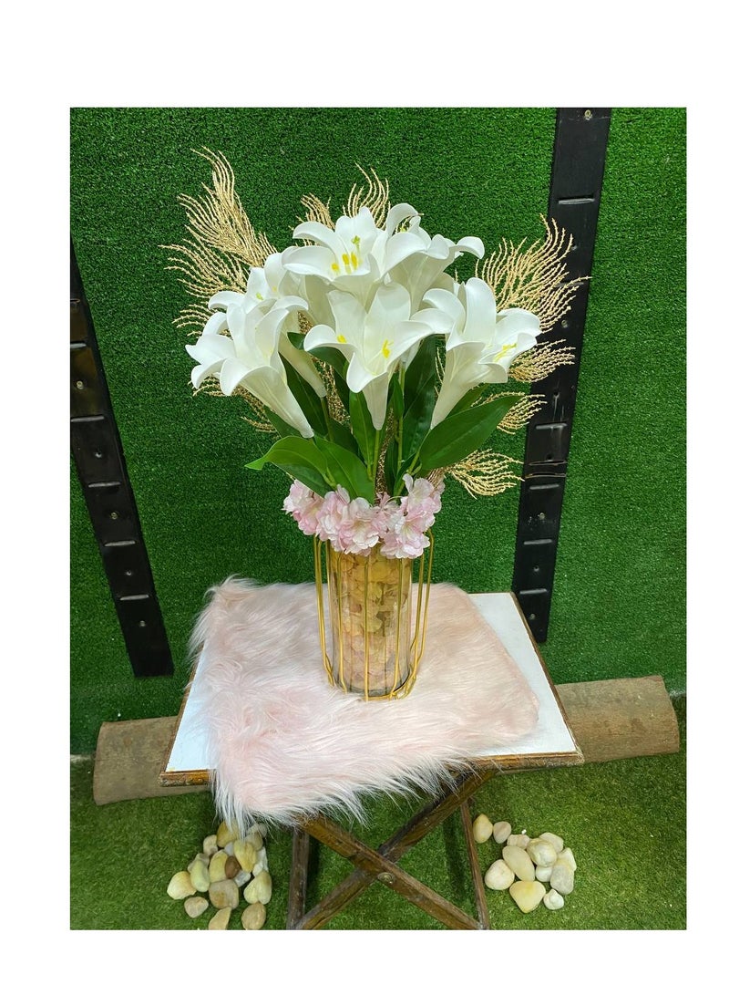 Golden glass vase with artificial flowers for decoration - Image 2