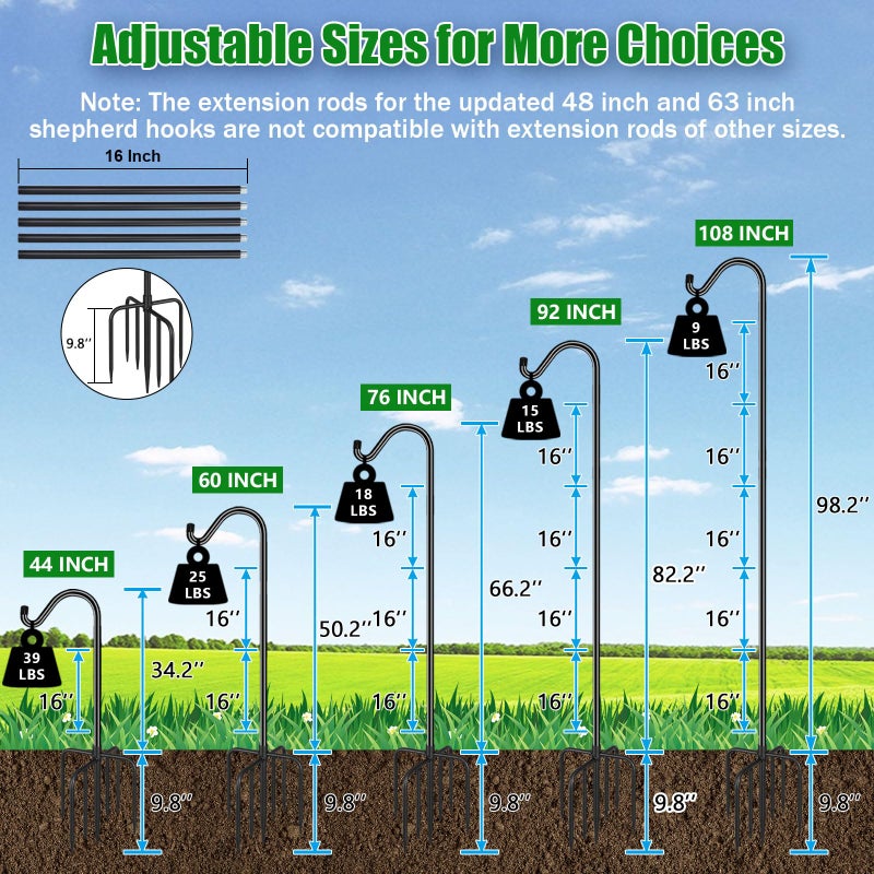 FEED GARDEN Adjustable Shepherd Hook Bird Feeder Pole with 7 Prongs Base, 108 Inch Tall 5/8 Inch Thick, Heavy Duty Outdoor Garden Poles for Hanging Bird Feeders, Plant Baskets, Black (1 Pack) - Image 2