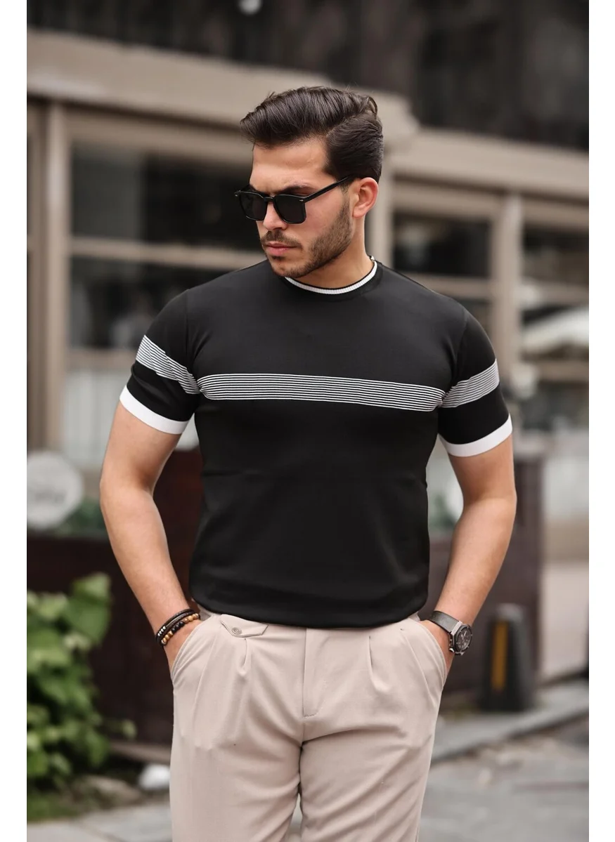ميرون Black Crew Neck Striped Knitwear T-Shirt