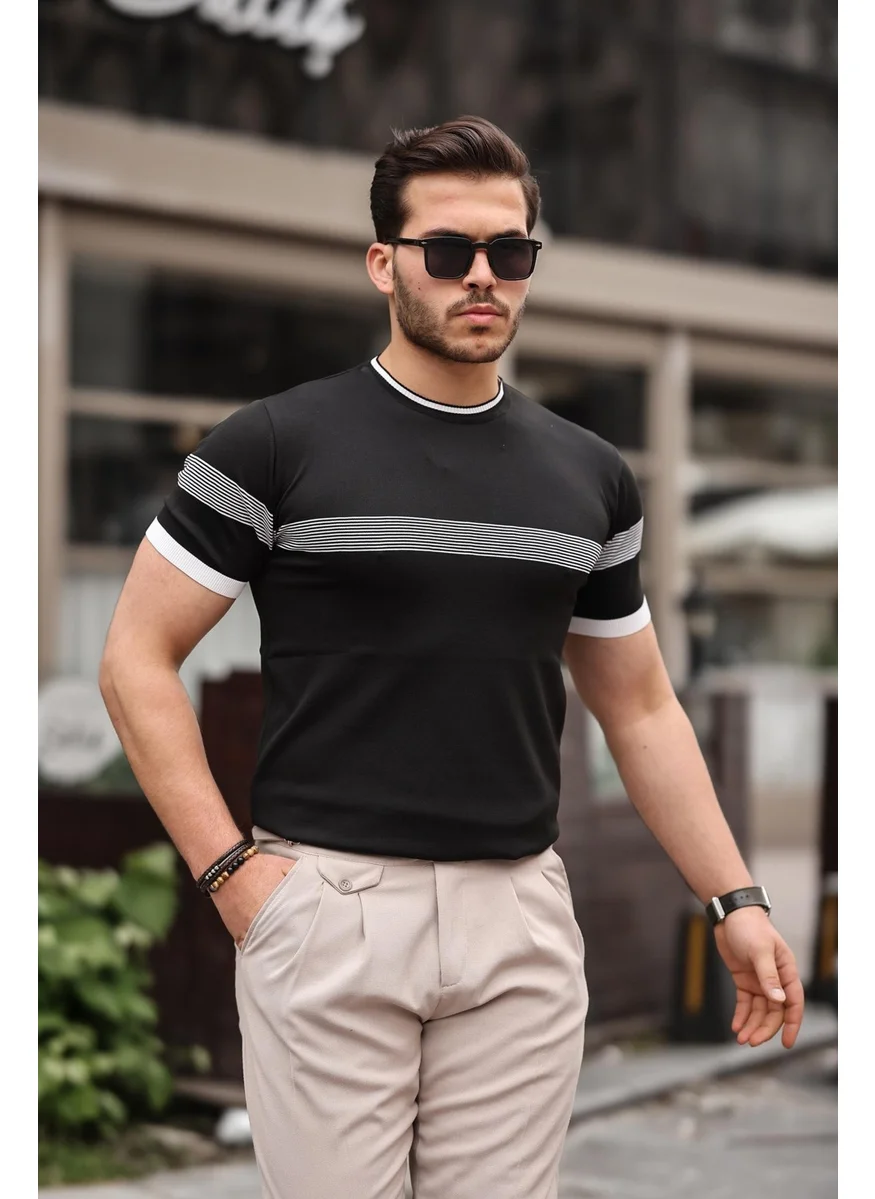 ميرون Black Crew Neck Striped Knitwear T-Shirt