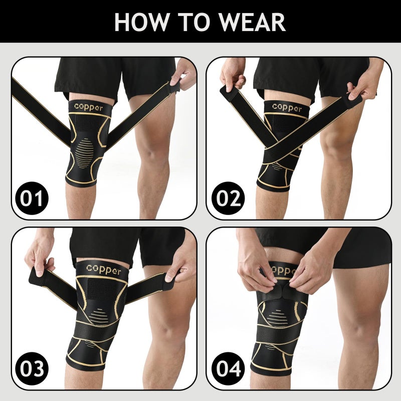 JHVW Copper Knee Brace for Women Men 2-Pack, Knee Compression Sleeve with Straps, Knee Braces for Knee Pain, Knee Support for Running Working - Image 4