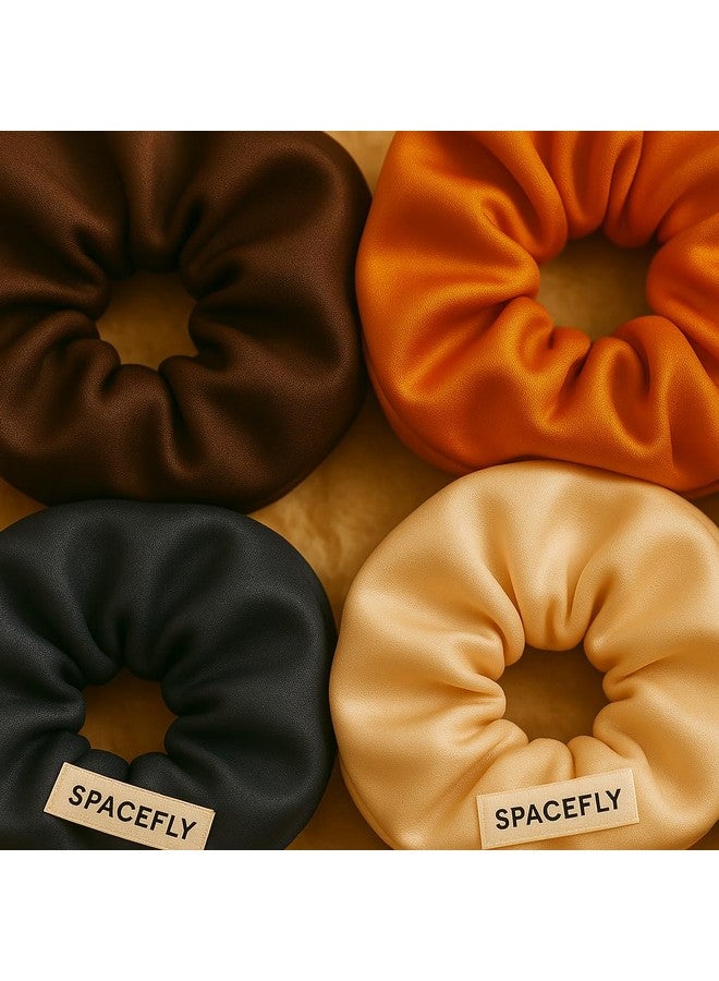 Space Fly Satin Silk Hair Scrunchies for Women and Girls | Soft, No Damage Hair Ties | Elastic Hair Bands for Ponitail | Stretchable and Comfortable Hair Bands | Set of 4 Scrunchies (Brown, Orange, Gray, Cream) - Image 2