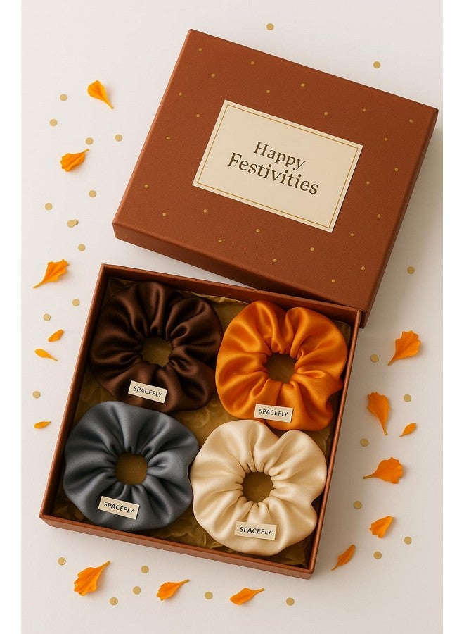 Space Fly Satin Silk Hair Scrunchies for Women and Girls | Soft, No Damage Hair Ties | Elastic Hair Bands for Ponitail | Stretchable and Comfortable Hair Bands | Set of 4 Scrunchies (Brown, Orange, Gray, Cream) - Image 1