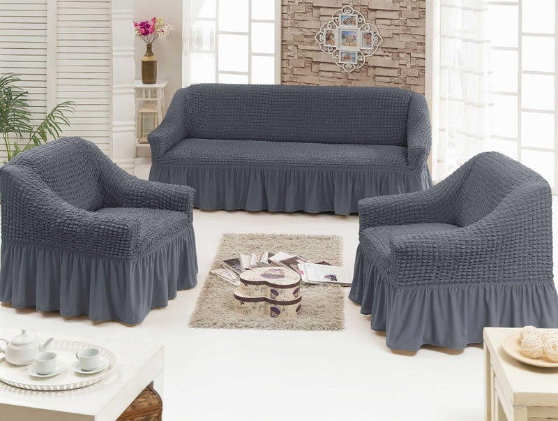Akaas Frill Design 311 Seater Elastic Stretchable Turkish Bubble Sofa Slipcover Durable Washable Universal High Elastic Furniture Protector Bubble Sofa02_Grey - Image 1