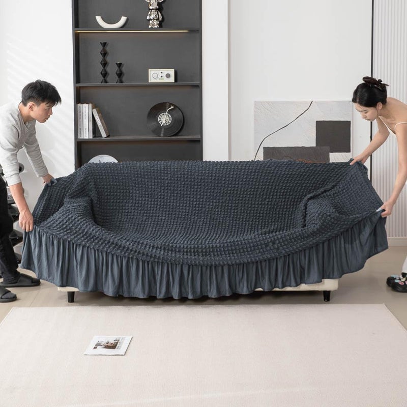 Akaas Frill Design 311 Seater Elastic Stretchable Turkish Bubble Sofa Slipcover Durable Washable Universal High Elastic Furniture Protector Bubble Sofa02_Grey - Image 5
