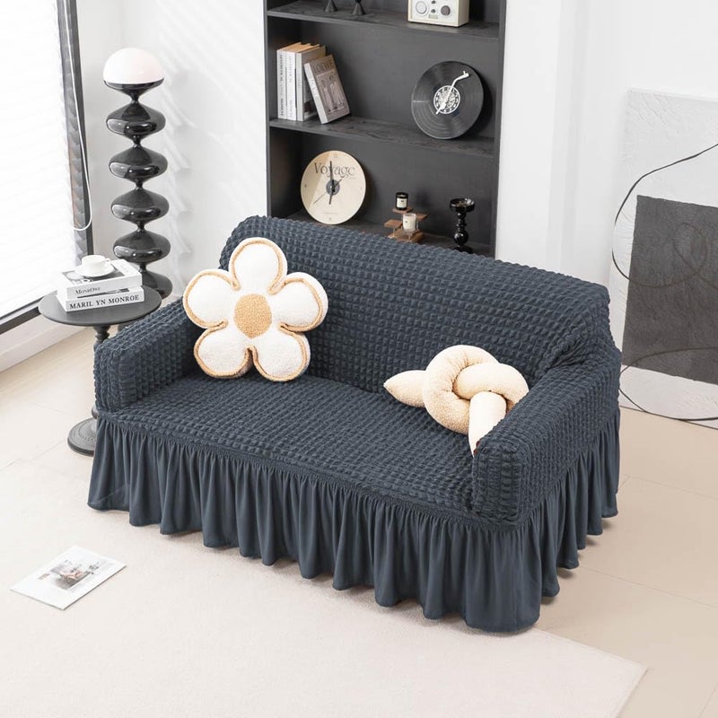 Akaas Frill Design 311 Seater Elastic Stretchable Turkish Bubble Sofa Slipcover Durable Washable Universal High Elastic Furniture Protector Bubble Sofa02_Grey - Image 3