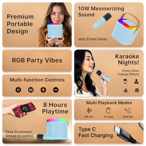 pTron Newly Launched Fusion Tunes 10W Mini Bluetooth Speaker with Wireless Karaoke Mic, 8Hrs Playtime, Vivid RGB Lights, Voice Effects, Multi-Play Modes BT5.1/TF Card & Type-C Charging Port (Blue) - Image 2