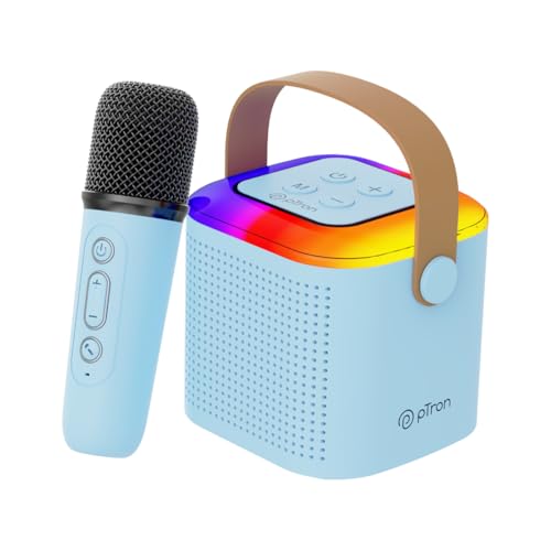 pTron Newly Launched Fusion Tunes 10W Mini Bluetooth Speaker with Wireless Karaoke Mic, 8Hrs Playtime, Vivid RGB Lights, Voice Effects, Multi-Play Modes BT5.1/TF Card & Type-C Charging Port (Blue) - Image 1
