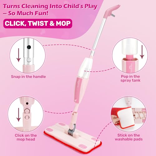 Dreamon Kids Spray Mop Real Working Toddler Cleaning Set with Water Sprayer 3 Washable Mop Pads Scraper Pretend Play Montessori Housekeeping Toys Gifts for Toddlers Kids Girls BoysPink - Image 5