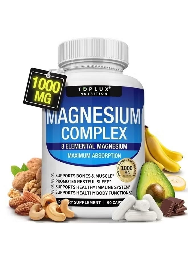 Toplux Magnesium Complex Supplement 1000mg Glycinate Citrate Malate Taurate Chelated for Easy Absorption Supports Bones Muscle Recovery Energy Vegan NonGMO 90 Capsules - Image 1