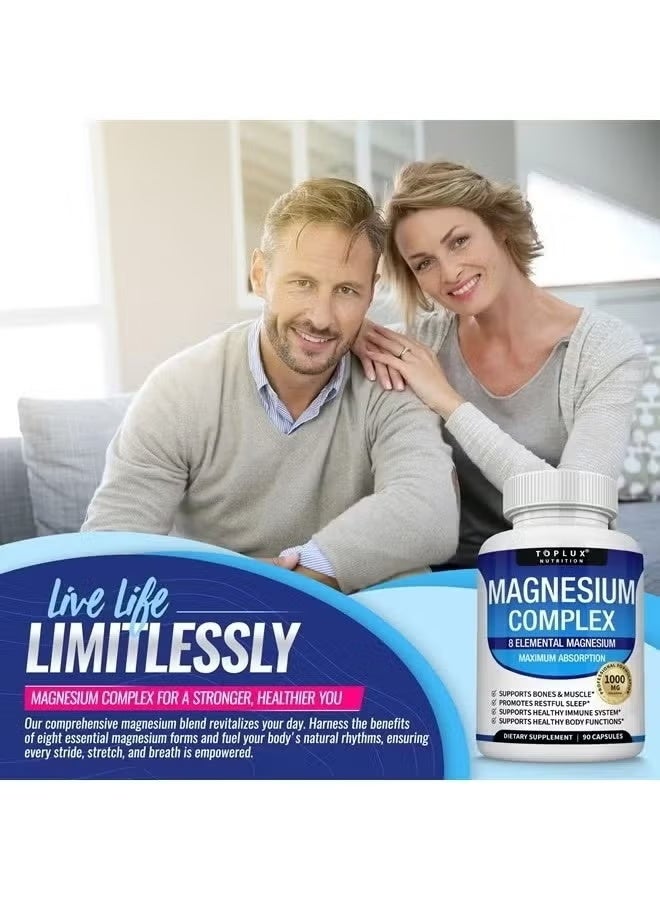 Toplux Magnesium Complex Supplement 1000mg Glycinate Citrate Malate Taurate Chelated for Easy Absorption Supports Bones Muscle Recovery Energy Vegan NonGMO 90 Capsules - Image 3