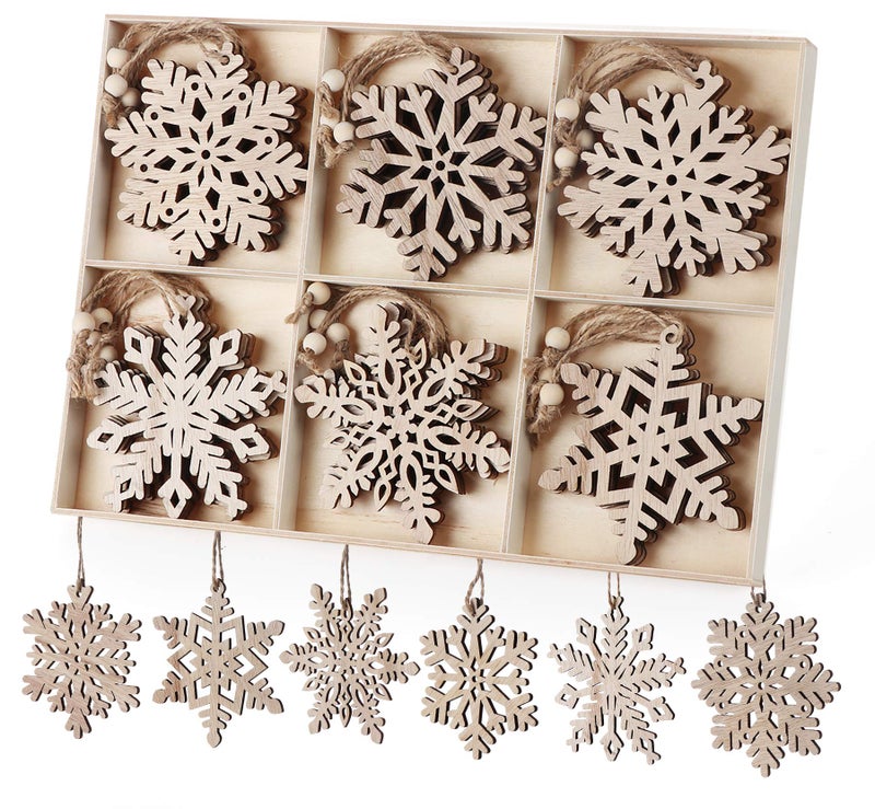 ABSOFINE 24Pcs Wooden Snowflakes Ornaments 4 Christmas Tree Hanging Decorations Rustic Ornament Wood Crafts