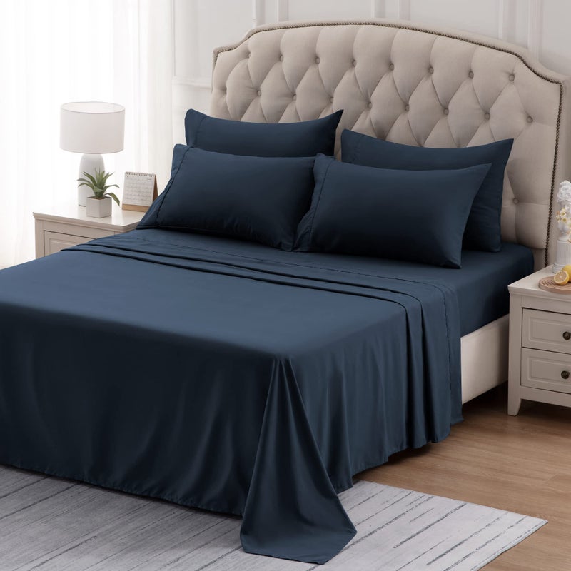 SLEEP ZONE Nanotex Super Soft Cooling Queen Bed Sheets Set 4 Piece - Easy Care Fitted Flat Sheet & Pillowcase Sets - Wrinkle Free  Fade Resistant  Deep Pocket 16"" (Navy Blue  Queen) - Image 4