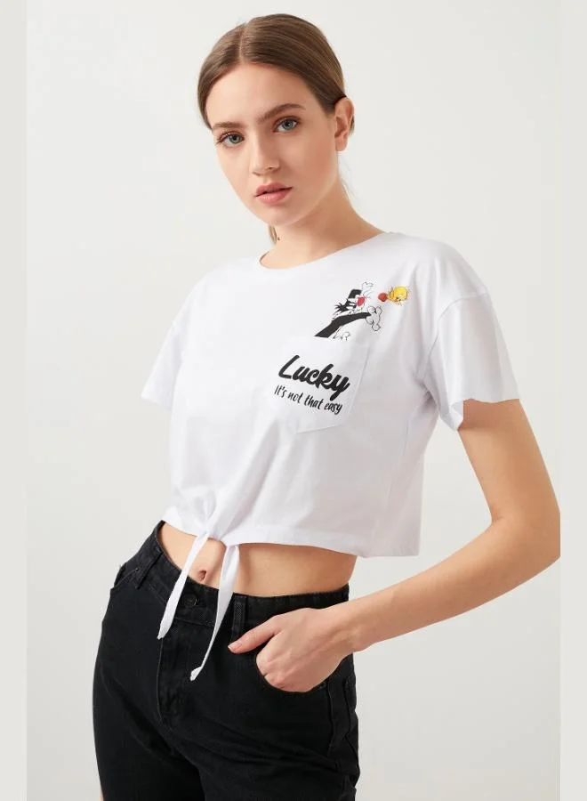 Lela Lela Printed Crew Neck Tie Detail 100% Cotton T-Shirt Women's T-Shirt 5411097