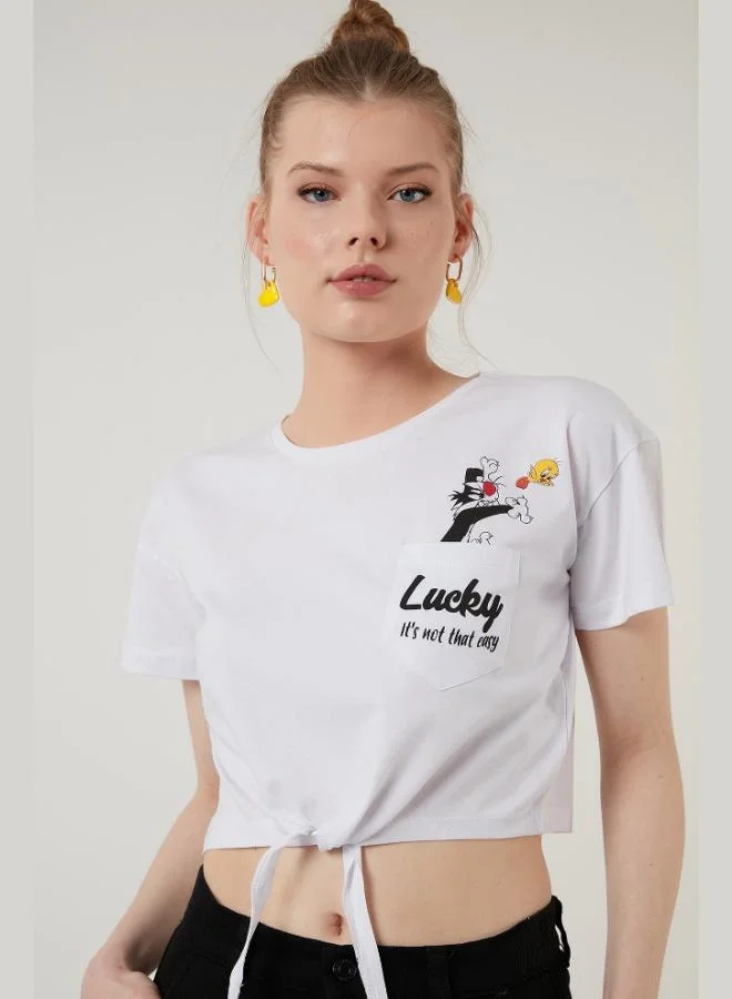 Lela Lela Printed Crew Neck Tie Detail 100% Cotton T-Shirt Women's T-Shirt 5411097