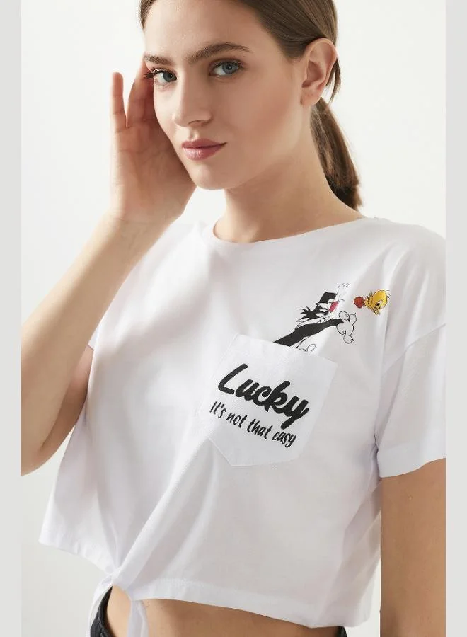 Lela Lela Printed Crew Neck Tie Detail 100% Cotton T-Shirt Women's T-Shirt 5411097