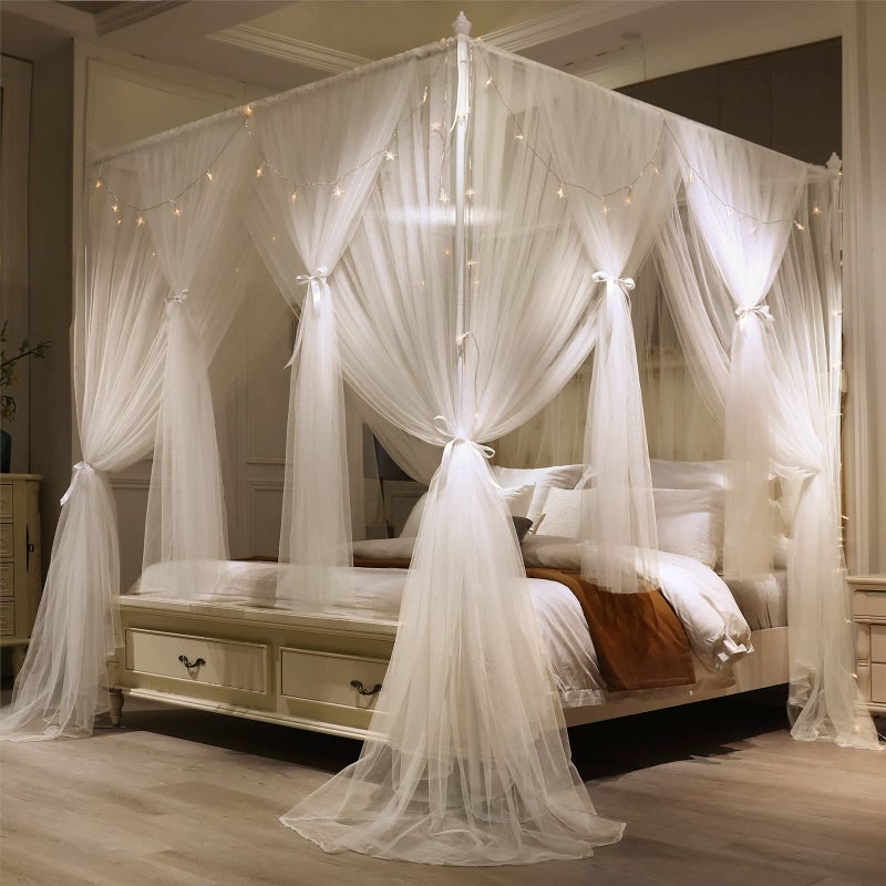 VETHIN 4 Corners Post Princess Bed Canopy Curtain Double Layer Cozy Drape Netting 4 Opening Mosquito Net for Girls Adults Bedroom Decoration Accessories Double White 47 W78 L82HTwin