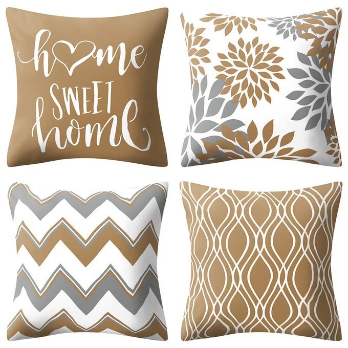BROWN PILLOW COVERS 18X18 SET OF 4 DECORATIVE GEOMETRIC THROW PILLOW CASE OUTDOOR SOFA PILLOW CUSHION COVERS FOR COUCH LIVING ROOM BED PATIO FURNITURE INDOORSHOME DECOR