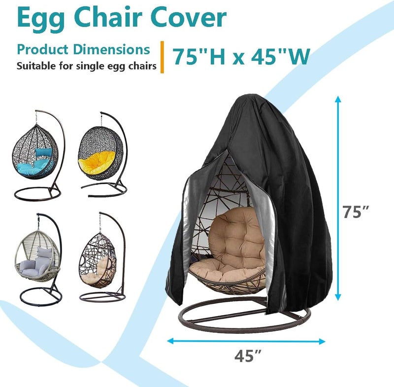 Oslimea Patio Hanging Egg Chair Cover, Durable Lightweight Waterproof Egg Swing Chair Cover with Zipper Fits Most Outdoor Single Swing Egg Chair Dust Protector (75"x45" Black) - Image 2