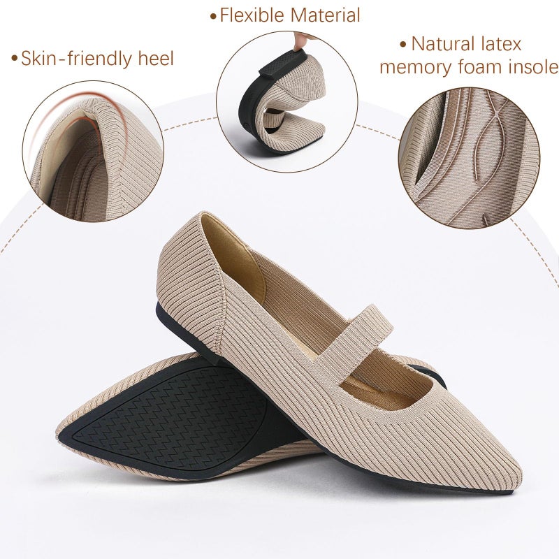 TINGRISE Women's Flats Shoes Pointed Toe Knit Washable Ballet Comfortable Dressy Mary Jane Flat Beige US10 - Image 4