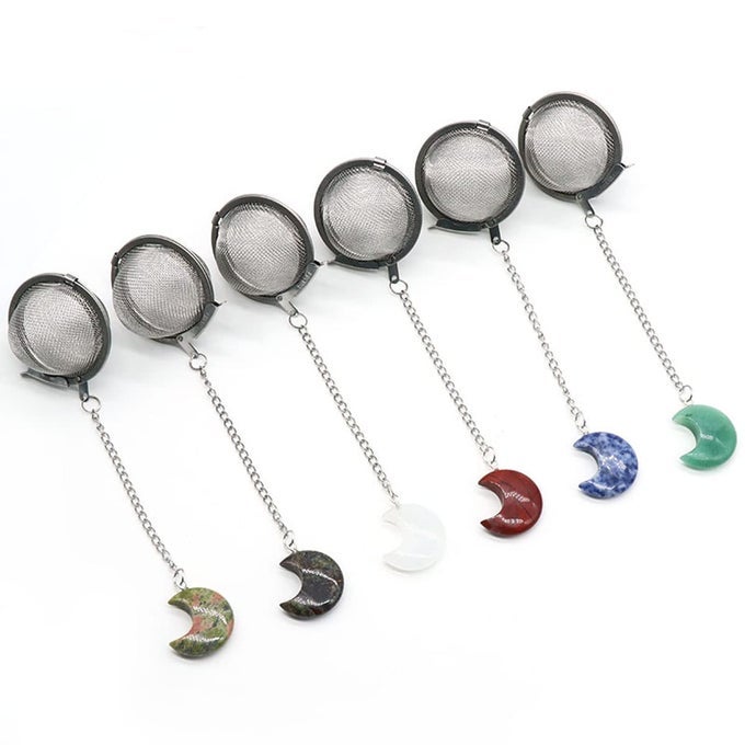 5 PCS TEA FILTER STAINLESS STEEL WITH MOON CRYSTAL ENERGY STONE TEA STRAINERS WITH FINE MESH EXTEND CHAIN HOOK TEA BALL INFUSER FOR LOOSE TEA LEAVES SPICES SEASONINGS