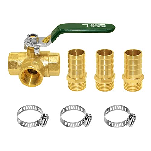 Joywayus LPort Shut Off 14G Thread Ball Valve with 38 Hose Barb 3Way TShaped Brass Fitting One Switch - Image 1