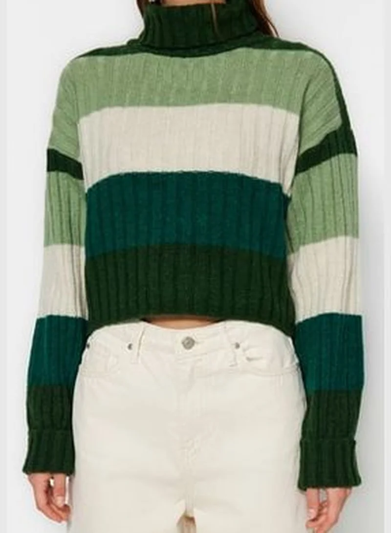 trendyol Dark Green Crop Soft Textured Color Block Knitwear Sweater