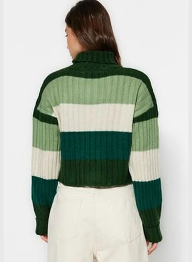 trendyol Dark Green Crop Soft Textured Color Block Knitwear Sweater