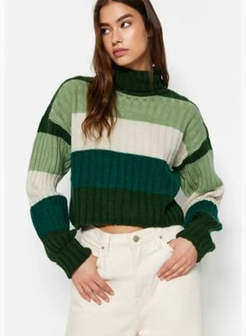 trendyol Dark Green Crop Soft Textured Color Block Knitwear Sweater
